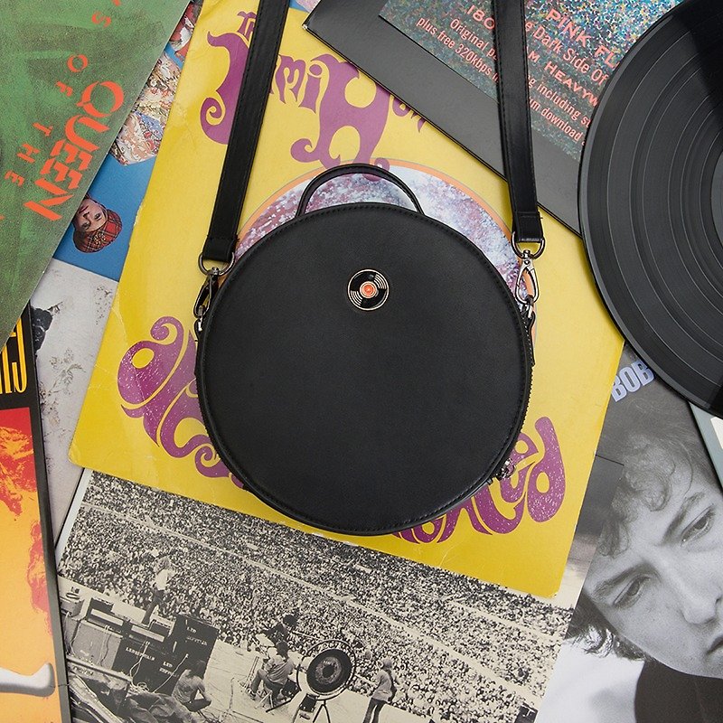 KIITOS Classic Series Round Leather Side Backpack Crossbody Bag--Vinyl Record ##快货# - กระเป๋าแมสเซนเจอร์ - วัสดุอีโค สีดำ