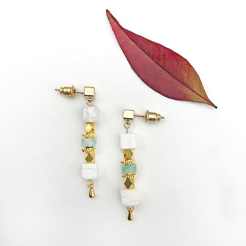 ART COLE 雲石14KGF耳環 獨家設計 翡翠 黃銅 幾何耳環 日本風格耳環 耳夾