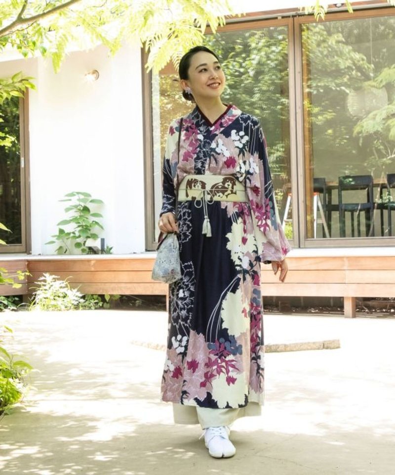 [Popular pre-order] Japanese style gorgeous floral modern kimono style dress (3 colors) 7IA-2308 - ชุดเดรส - วัสดุอื่นๆ 