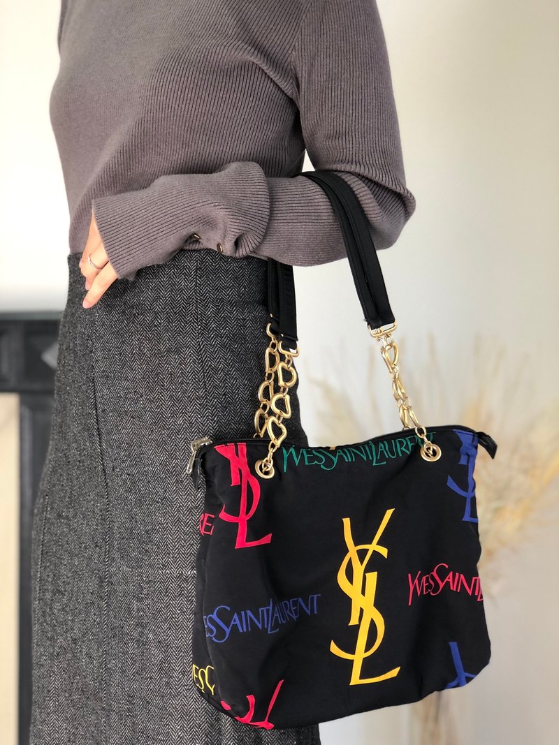 【 日本直送　名牌中古包 】Yves Saint Laurent イヴ・サンローラン トートバッグ ブラック YSL ナイロン 総柄  fniuvx - 手提包/手提袋 - 尼龍 黑色