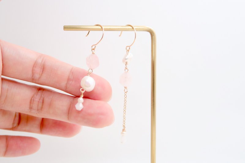 Faceted Rose Quartz/Baroque Pearls/Asymmetrical Dangling Earrings/14K GF/Clip-on - Earrings & Clip-ons - Crystal Pink