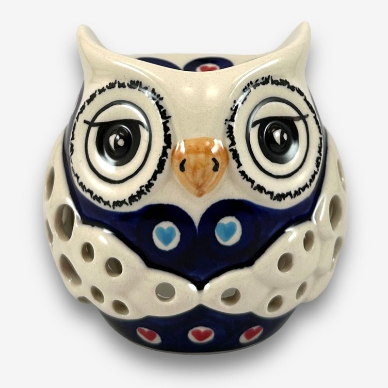 Polish hand-painted hand-made pottery - Owl essential oil candle holder 11cm Wen Qing Colorful Heart series designer model - เทียน/เชิงเทียน - ดินเผา ขาว