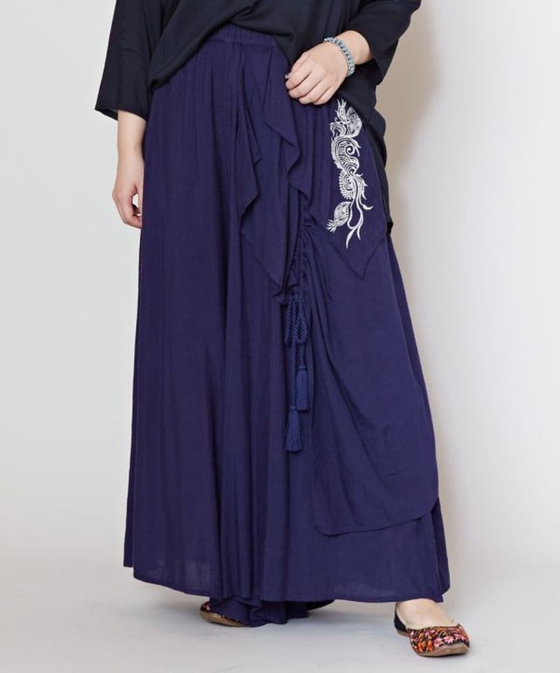 [Popular Pre-order] Henna Art Peacock Embroidered Drawstring Layered Wide Pants (5 Colors) IAC-4111 - กางเกงขายาว - วัสดุอื่นๆ 