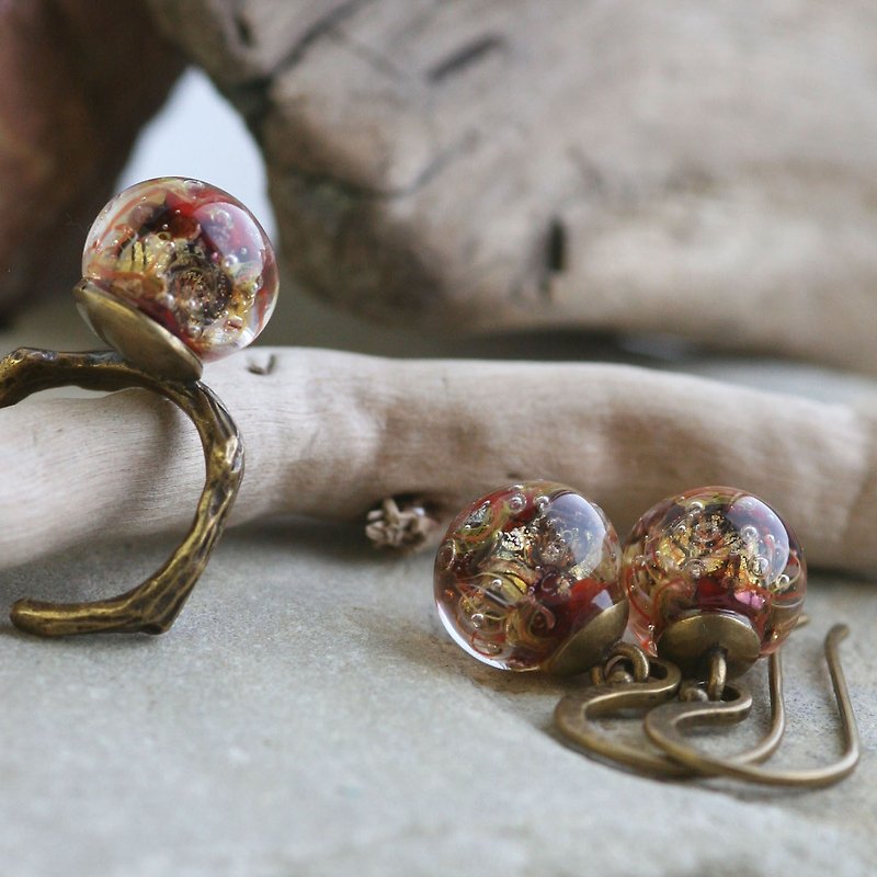 Ring Earrings glass Lampwork Brass unique gift 181
