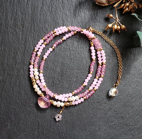 Earring Fanatic 不鏽鋼玻璃珍珠三層調節式手鍊項鍊兩用鍊粉紅色