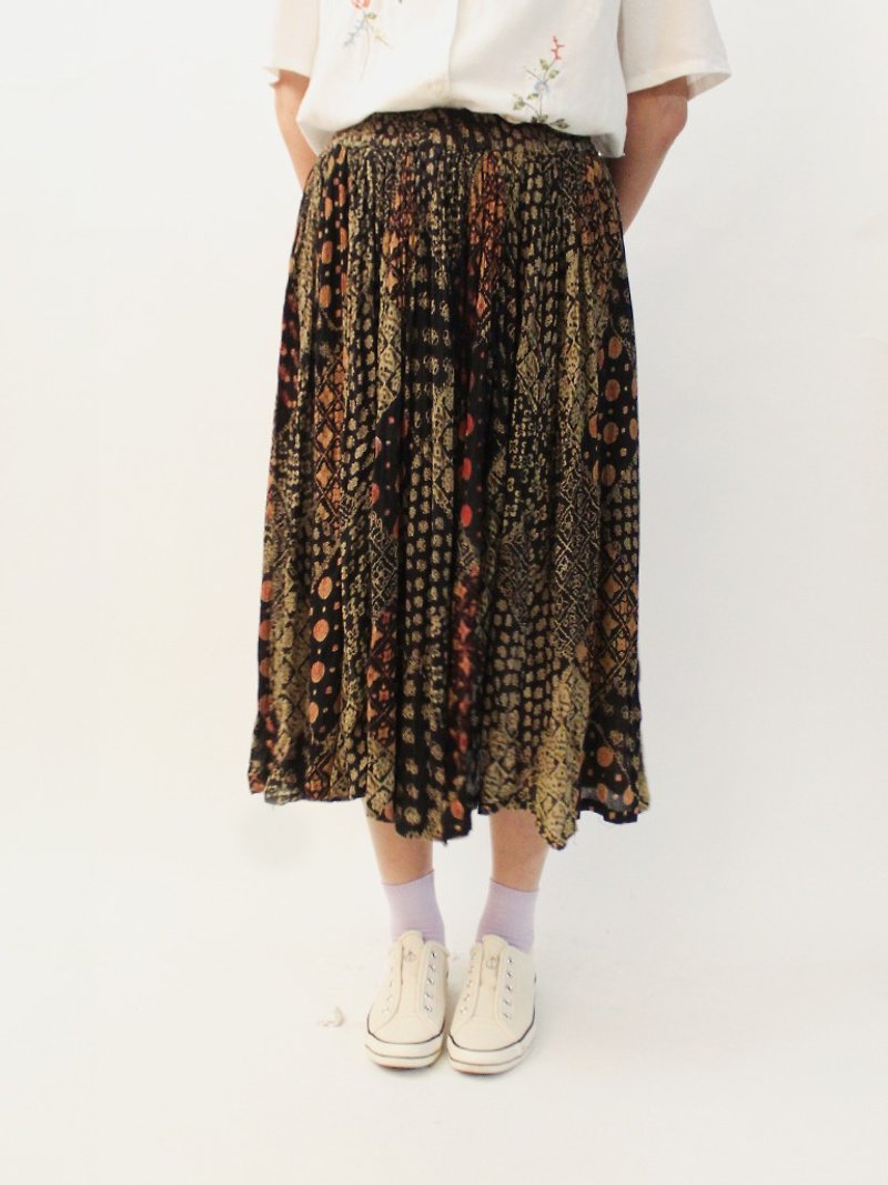 Vintage Summer European Totem Print Elastic Waist Brown Vintage Dress - กระโปรง - เส้นใยสังเคราะห์ สีนำ้ตาล