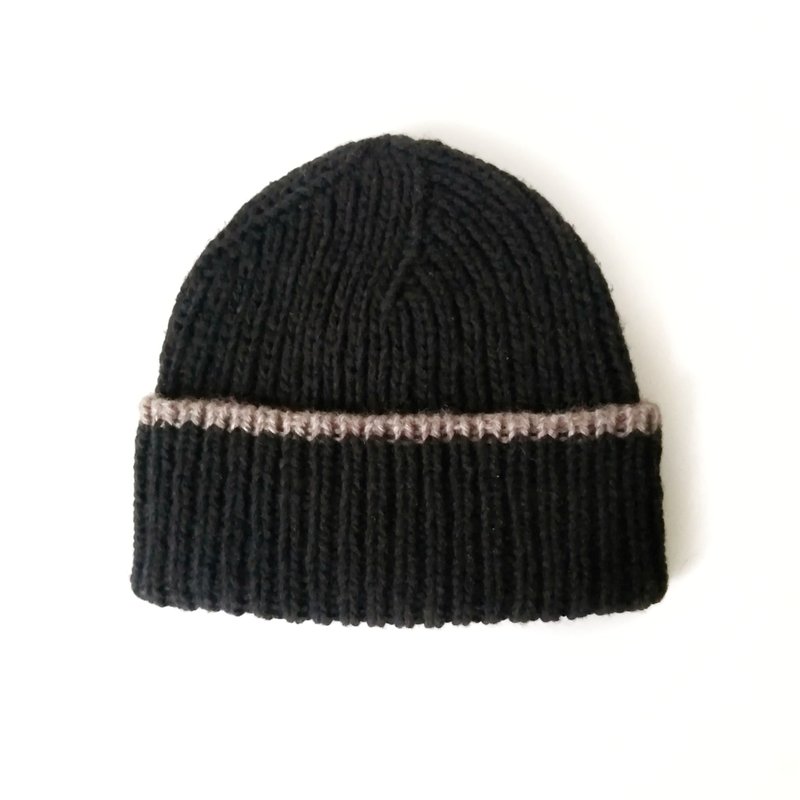 Men's Winter Knit Cap: Black Beanie with Brown Stripe, Handmade Black Ribbed Hat - Hats & Caps - Wool Black