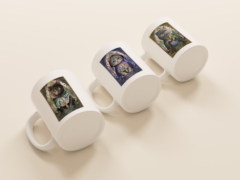魔法之貓(塔羅系列)-手繪馬克杯/陶瓷杯/馬克杯禮盒 - 咖啡杯/馬克杯 - 瓷 多色