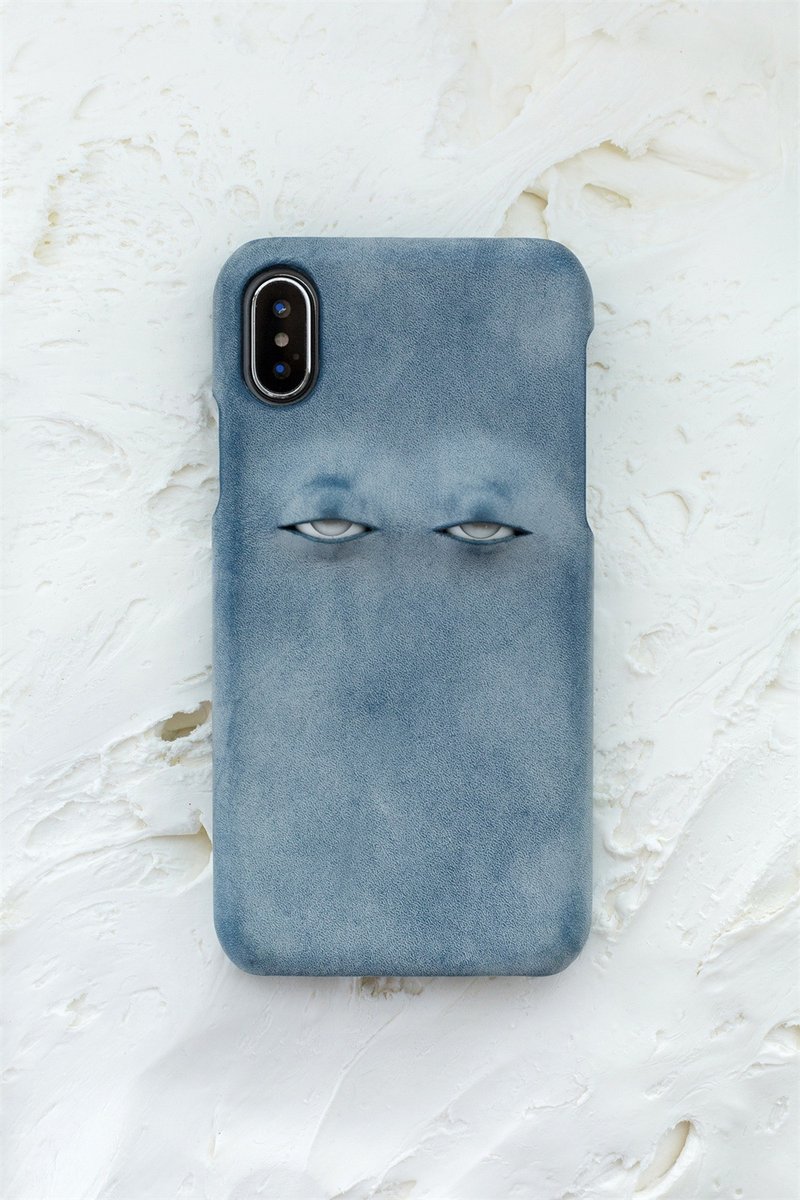 煙霧藍 翻白眼設計 手工真皮iPhone手機殼 保護套 義大利植鞣牛皮 - 手機殼/手機套 - 真皮 藍色