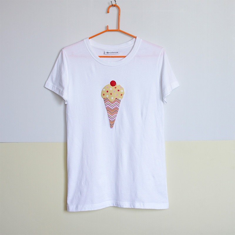 拼布冰淇淋女長版T-shirt - 女 T 恤 - 棉．麻 白色