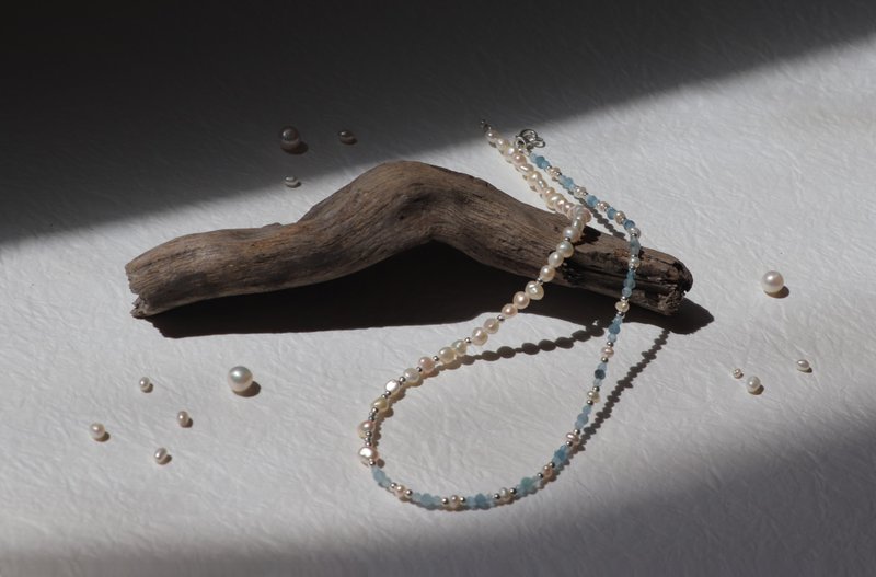 Pearl necklace—Aqua I 半半寶石珍珠項鍊 - 項鍊 - 半寶石 