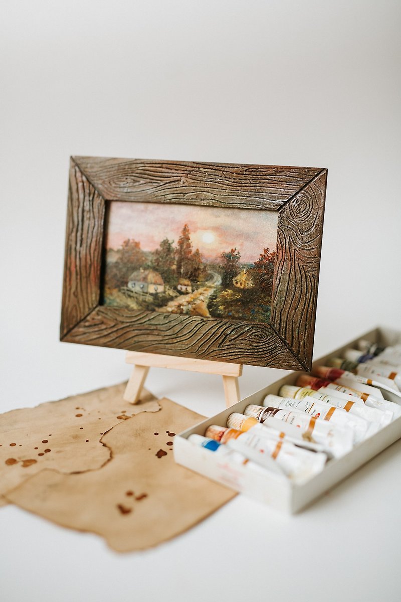 beautiful village landscape, miniature, oil painting, desktop souvenir - Wall Décor - Wood Multicolor