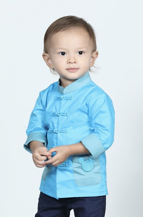 Yi-ming 男孩 - Yi-ming x 迪士尼米奇老鼠系列長衫印花棉質東方外套 - 藍色