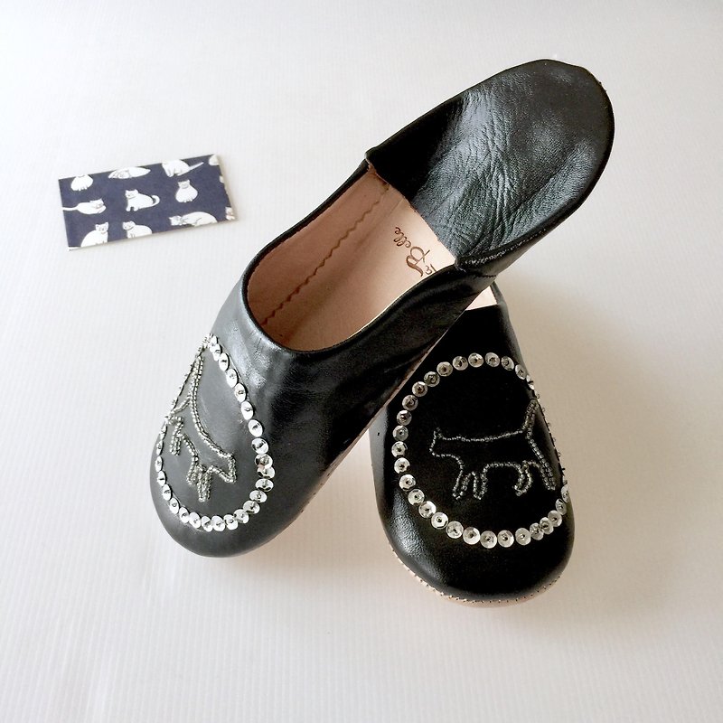 Babouche Leather Slippers/Gatto Black color/猫/拖鞋 - Other - Genuine Leather Black