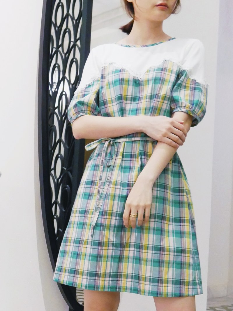 MIT清新格子綁帶洋裝(R7038E) - 洋裝/連身裙 - 棉．麻 綠色