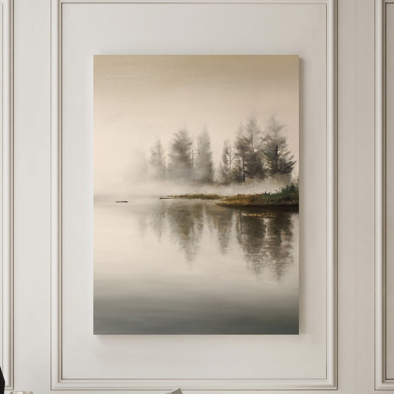 Minimalist River Painting | River Painting | River Landscape | River fog 2 - 壁貼/牆壁裝飾 - 棉．麻 卡其色