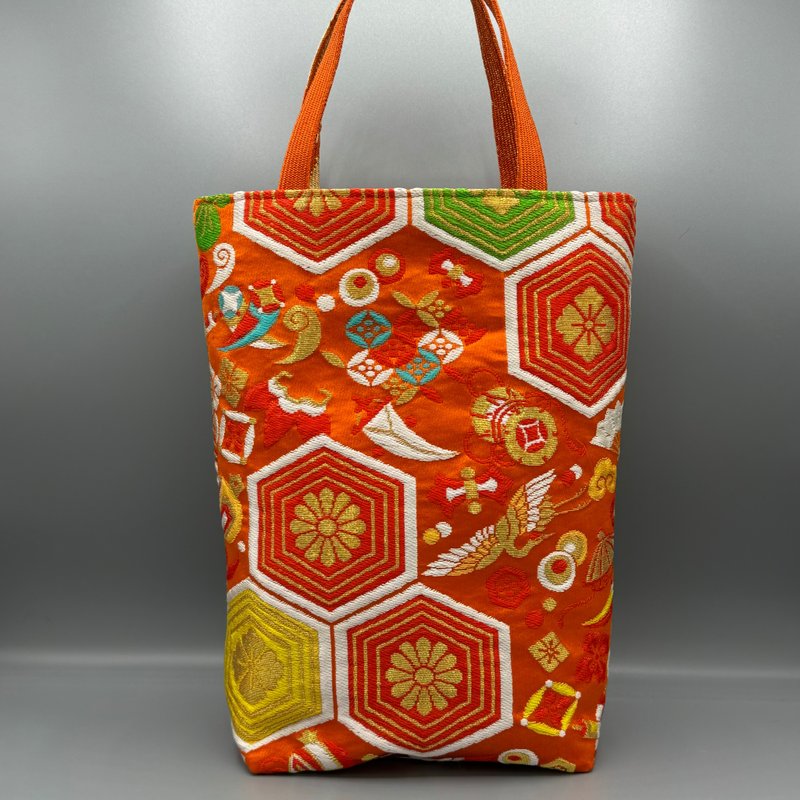 Kimono Obijime Remake Tote bag - กระเป๋าถือ - ผ้าไหม สีส้ม