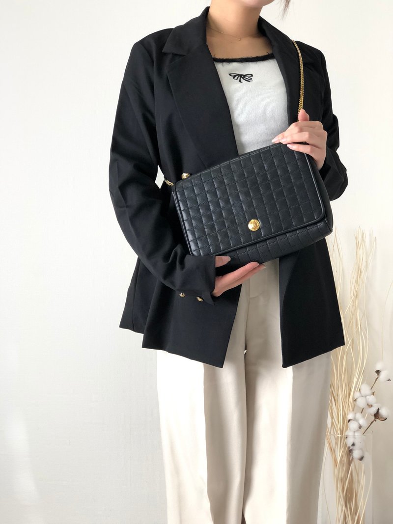 【 日本直送　名牌中古包 】CELINE セリーヌ ブラゾン キルティング レザー チェーン ショルダーバッグ ブラック vintage 3v4g62 - 側背包/斜背包 - 真皮 黑色