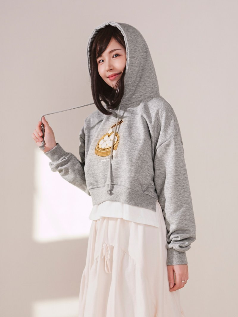 短版層次感帽衣-麻糬兔小籠包(麻灰色) - 帽T/大學T - 棉．麻 灰色