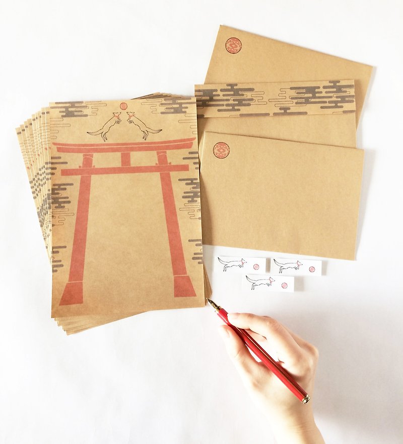 Kitsune Temari Letter Set Inari Shrine Torii Japan Japanese Animal Sticker Envelope Stationery - กระดาษโน้ต - กระดาษ สีนำ้ตาล