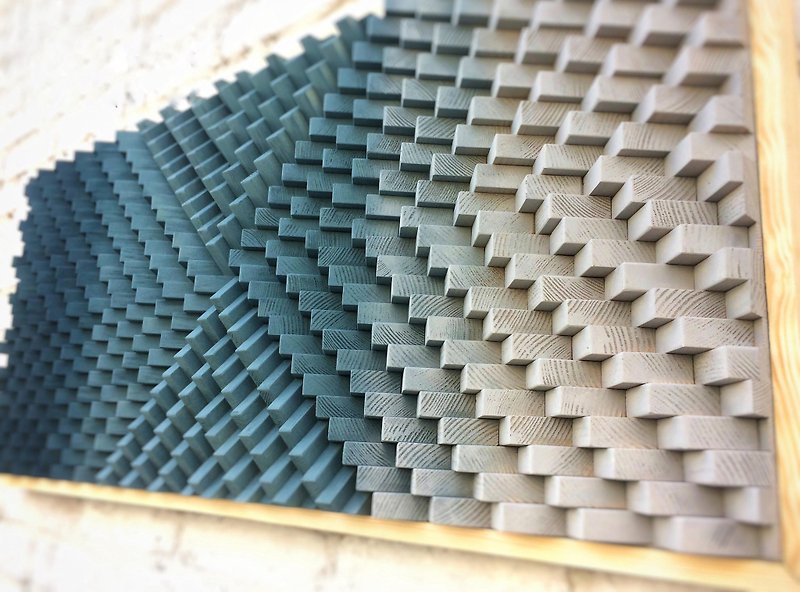 Large Wood Wall Art - Gradient Navy Blue Gray - Modern 3D - Sound Diffuser - ตกแต่งผนัง - ไม้ 