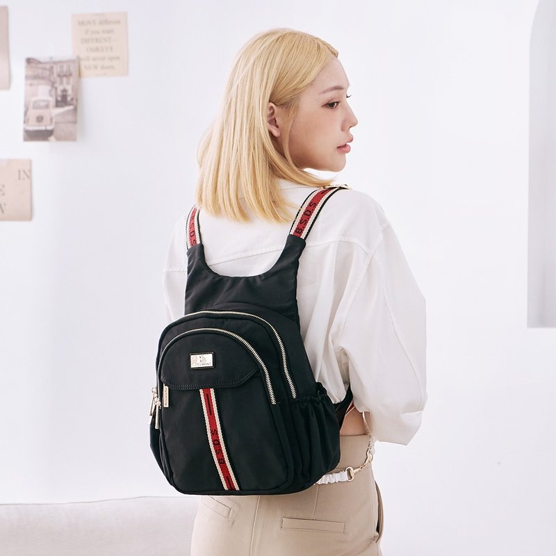 [Fashionable Ribbon] Very Good - Ribbon Stitched College Style Backpack - Red Brick Black - Backpacks - Nylon Multicolor