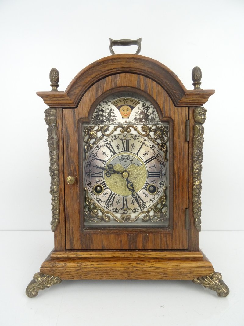 Vintage Dutch Warmink Mantle Table Clock – Antique Mid-Century Moon Phase - 時鐘/鬧鐘 - 木頭 咖啡色