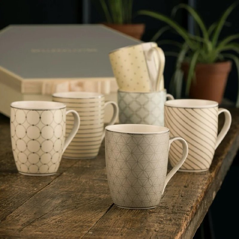 Irish Belleek Living Geometric Pastel Mug Set of 6 Hexagonal Gift Box - Mugs - Porcelain Silver