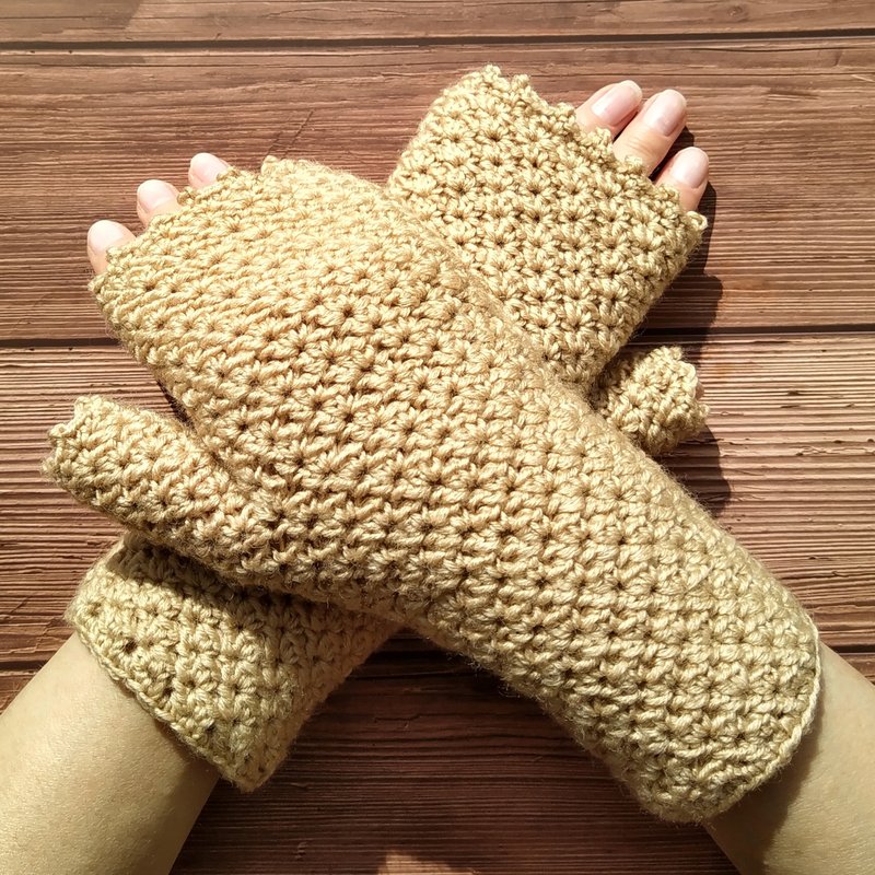 Fingerless gloves for women crochet Brown wool winter mittens - 手套 - 羊毛 咖啡色