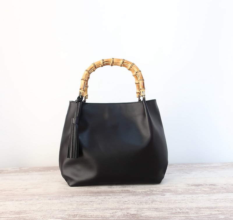 Soft tuck bamboo, M size, black, made-to-order - Handbags & Totes - Genuine Leather Black