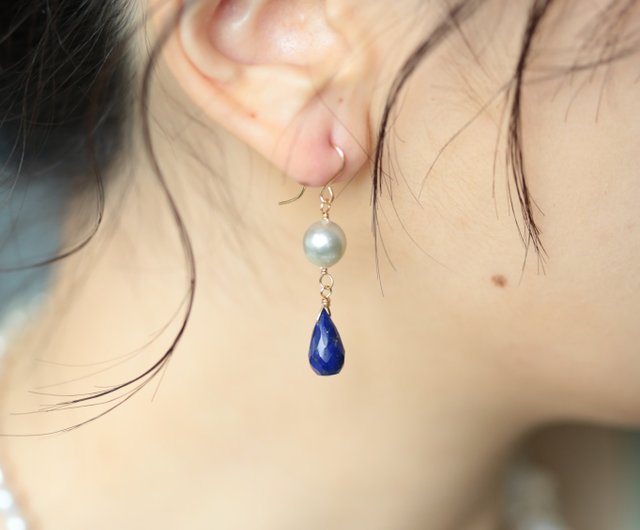 海水パールラピスラズリピアス│14kgf調節可能イヤリング - ショップ JieJie Jewelry -handmade jewelry ピアス・イヤリング  - Pinkoi