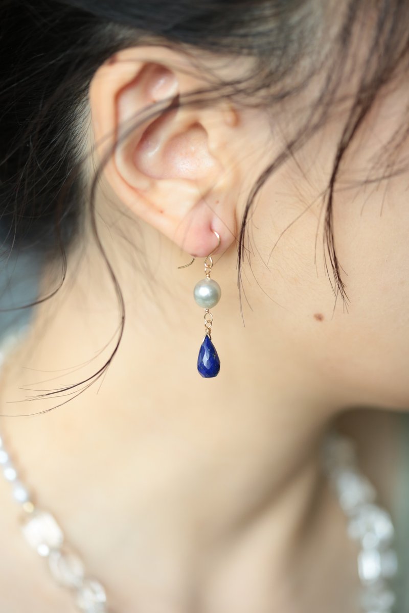 Seawater pearl lapis lazuli earrings│14kgf adjustable Clip-On - Earrings & Clip-ons - Pearl Blue