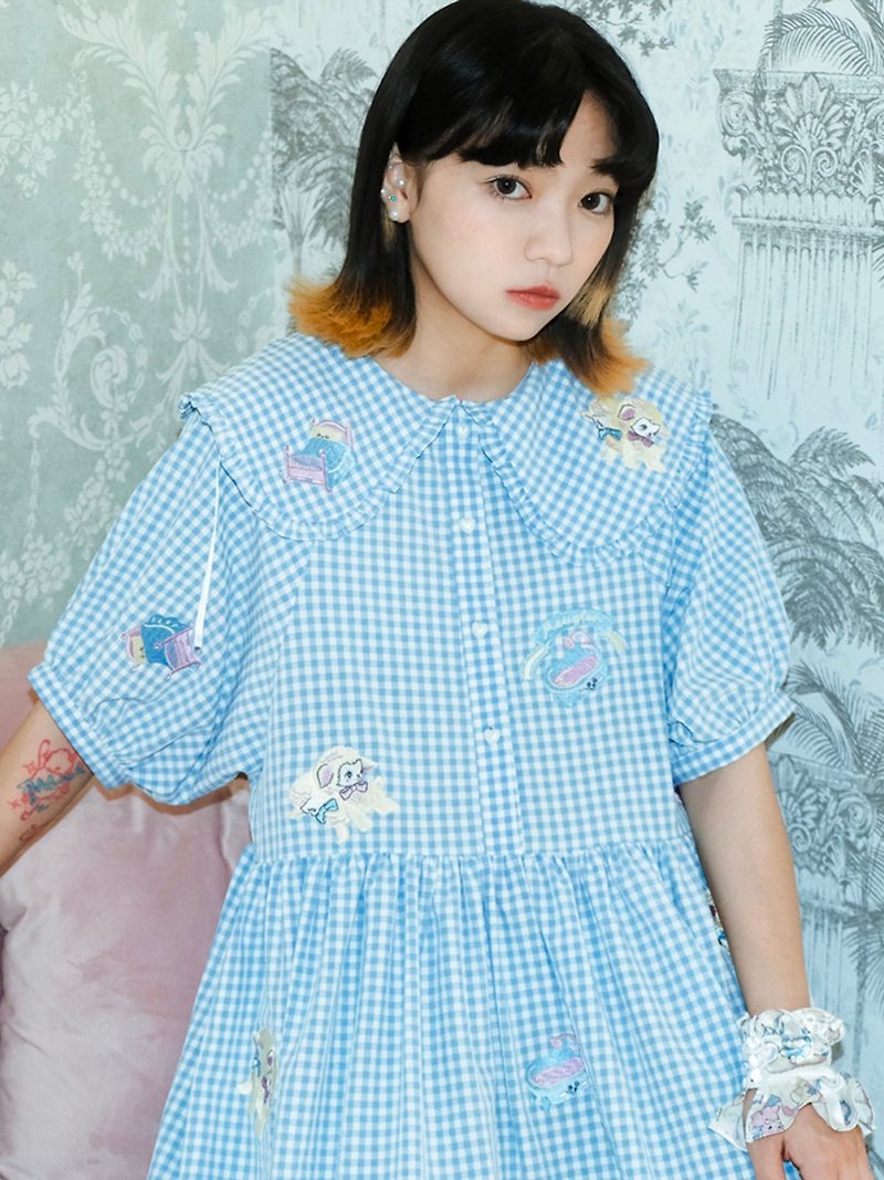 Meugler Niuchu Island Retro Toy Museum Double-headed Sheep Pattern Embroidered Blue Plaid Lace Collar Shirt Dress - One Piece Dresses - Polyester Blue