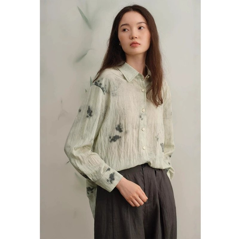 水墨藝術印花新中式POLO領襯衫 - 女襯衫 - 其他材質 