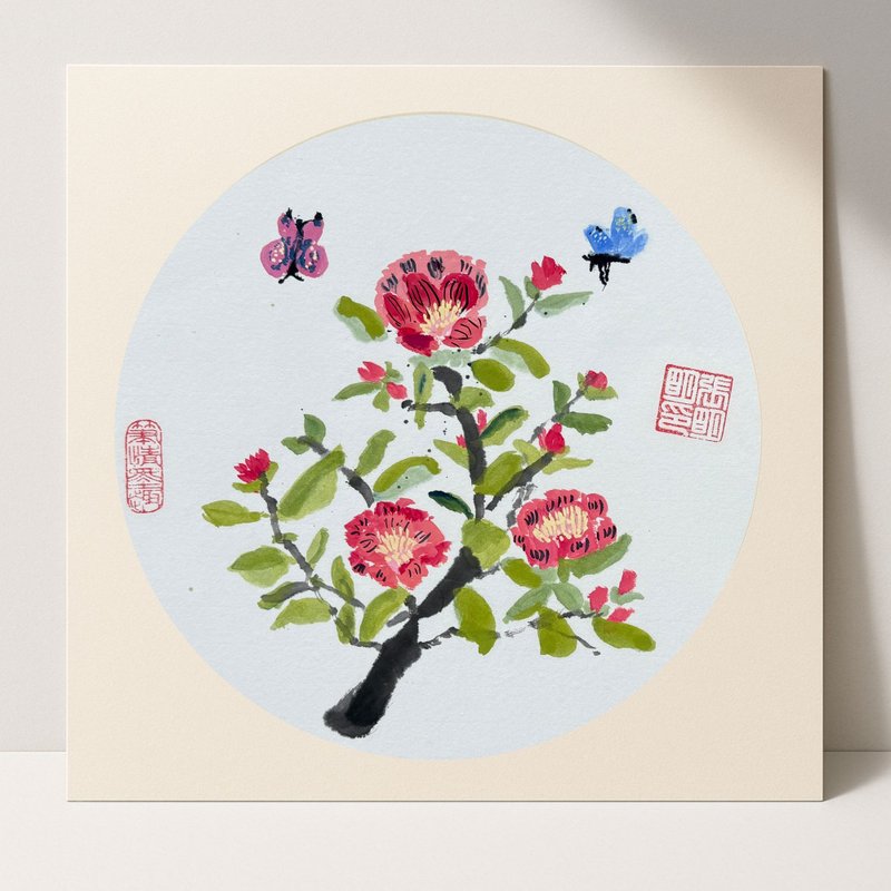 花蝶吉祥 水彩手繪  畫方形連框 36×36cm。家居擺設/擺飾  禮品 - 壁貼/牆壁裝飾 - 紙 綠色