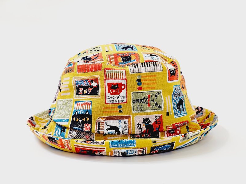 【HiGh Mali】Classic fisherman hat-Japanese ticket sticker cat/yellow bottom #gift#日本style#retro - หมวก - ผ้าฝ้าย/ผ้าลินิน หลากหลายสี