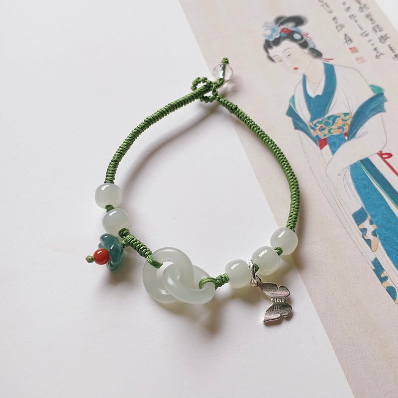 Qingshui Hemian. Natural interlocking Hetian jade 925 Silver butterfly pendant original braided bracelet - สร้อยข้อมือ - หยก สีเขียว