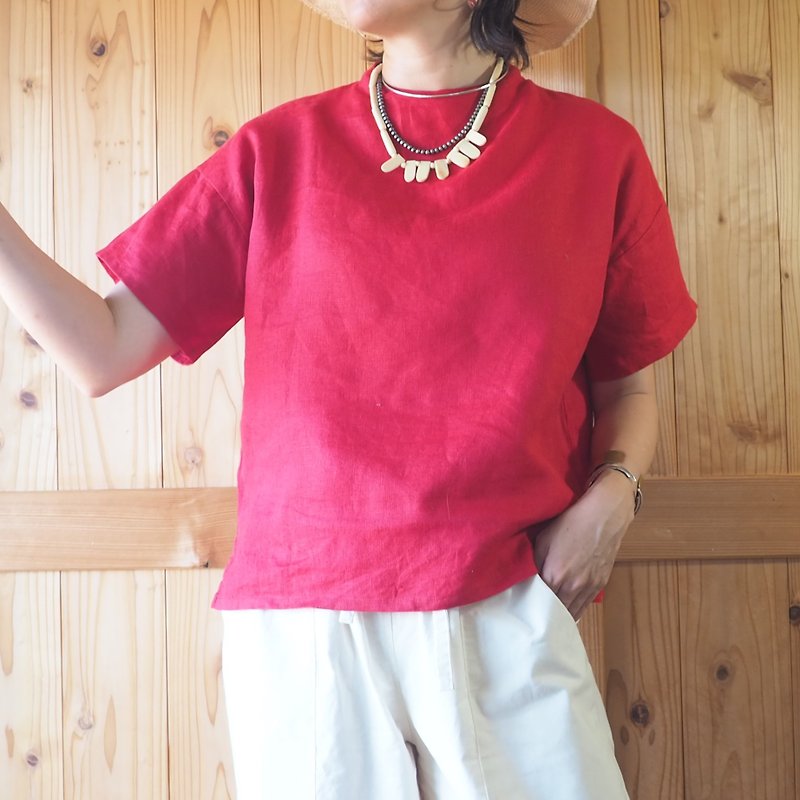 リネン　Tシャツ　ブラウス　レッド - 恤衫 - 棉．麻 紅色