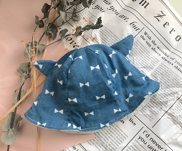 漁夫帽雙面蝴蝶結塗鴉貓耳朵嬰兒幼童兒童帽 設計館蔥之花皮革布手作 嬰兒帽子 髮帶 Pinkoi