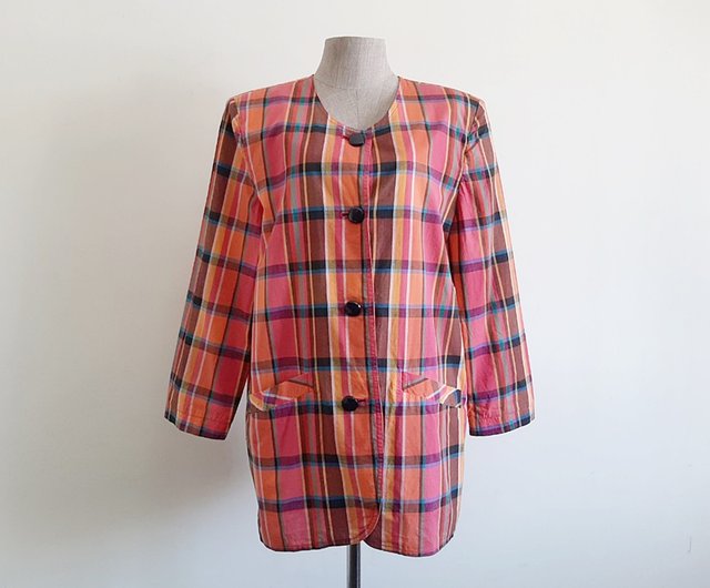 ラージ ヴィンテージ オレンジ ピンク チェック ジャケット レディース