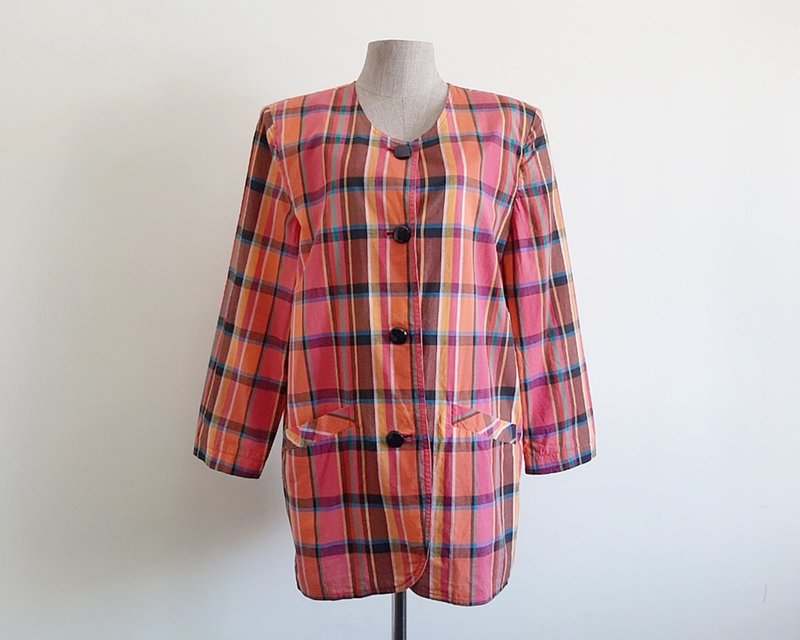 Large Vintage Orange Pink Plaid Jacket Womens Colorful Cotton Blazer L - 女西裝外套 - 棉．麻 橘色