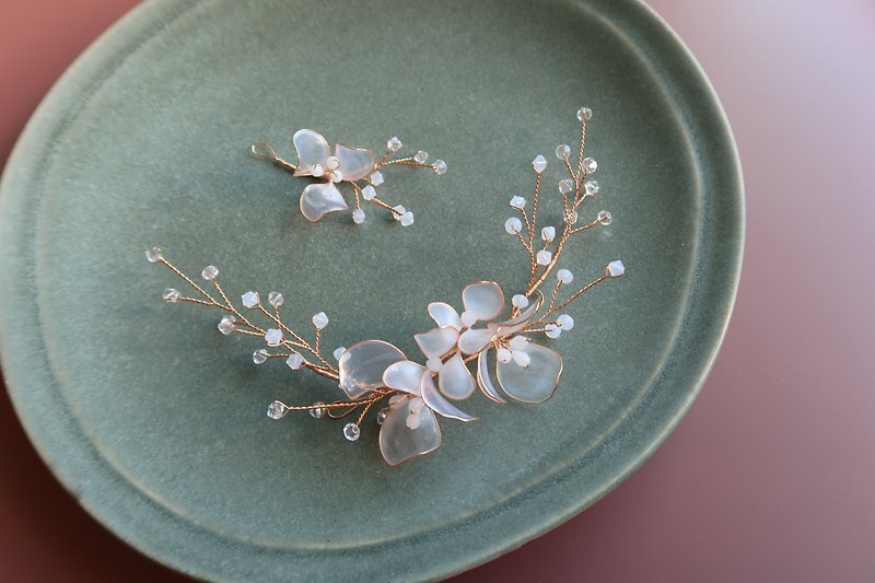 Gypsophila-three-piece bridal headdress crystal flower jewelry - Hair Accessories - Resin Transparent