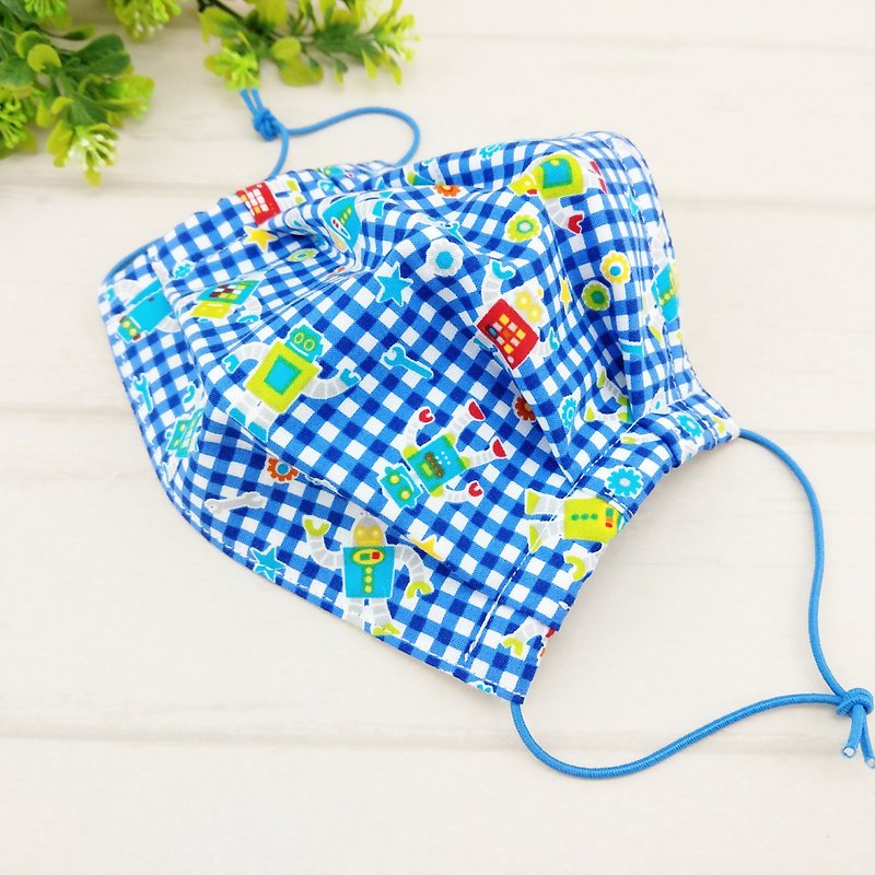 Checkered robot. Cotton cloth mask with bead and opening - หน้ากาก - ผ้าฝ้าย/ผ้าลินิน สีน้ำเงิน