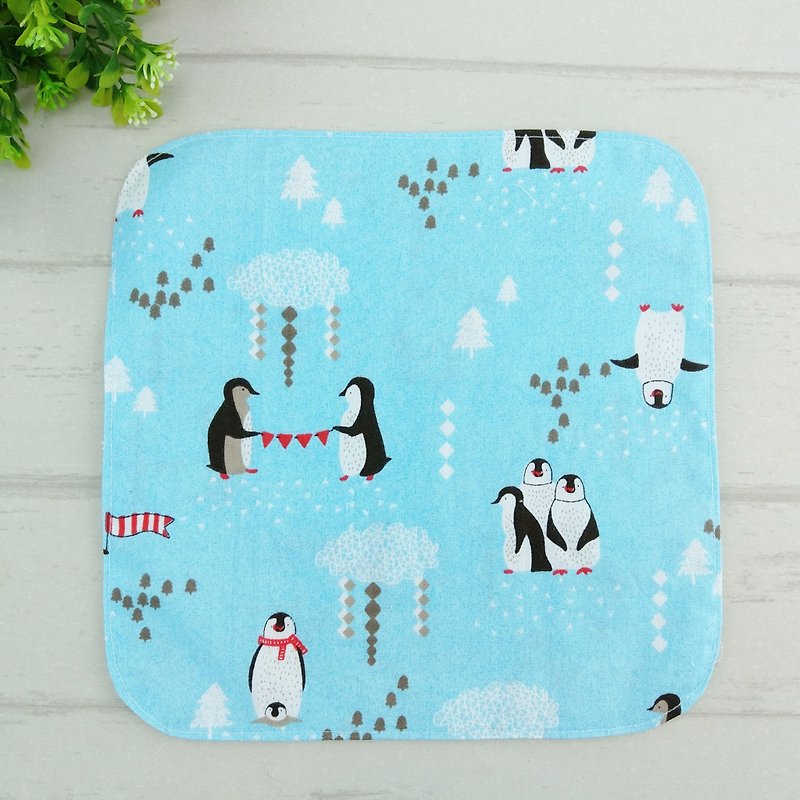 Penguin family. Double-sided cotton handkerchief + handkerchief folder (can be increased by 40 embroidered names) - Bibs - Cotton & Hemp Blue