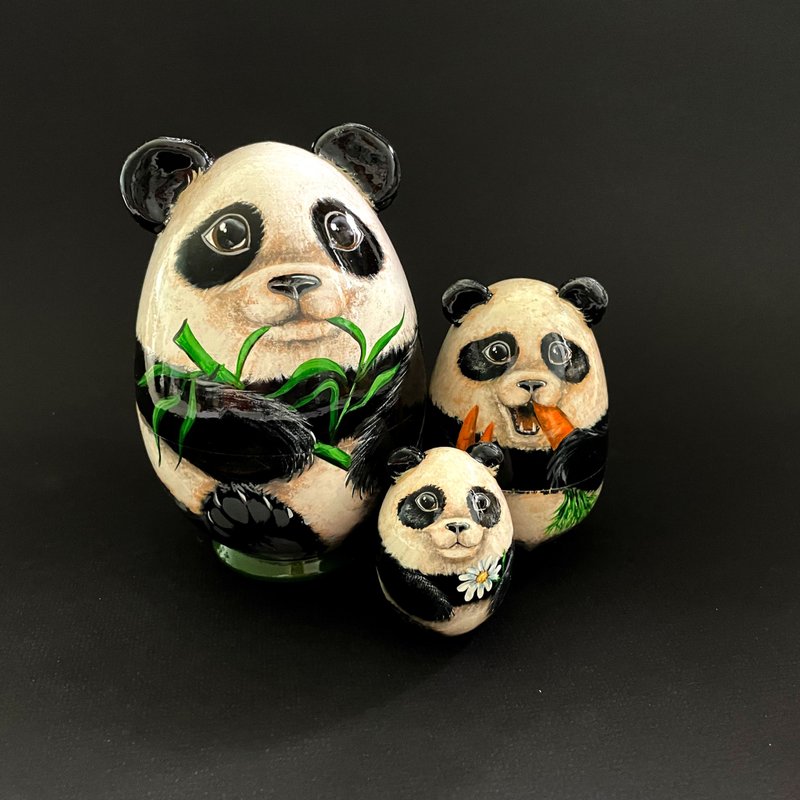 Panda Matryoshka doll, set of 3 dolls, nesting doll for children, little panda - 寶寶/兒童玩具/玩偶 - 木頭 黑色