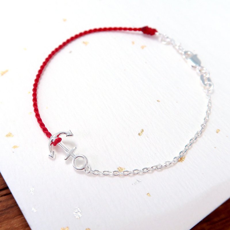 Anchor 925 Sterling Silver Texture Red Line Half Chain ART64 - Bracelets - Cotton & Hemp Red