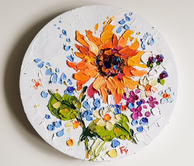 Sunflower Painting Original Art Impasto Oil Painting Flower Artwork Verafe - 掛牆畫/海報 - 其他材質 橘色