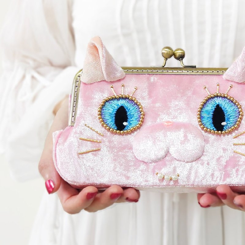 Lady Pink Cat Long Clip Wallet Crossbody Shoulder Kiss Lock Bag Light Pink Silver - กระเป๋าสตางค์ - เส้นใยสังเคราะห์ สึชมพู