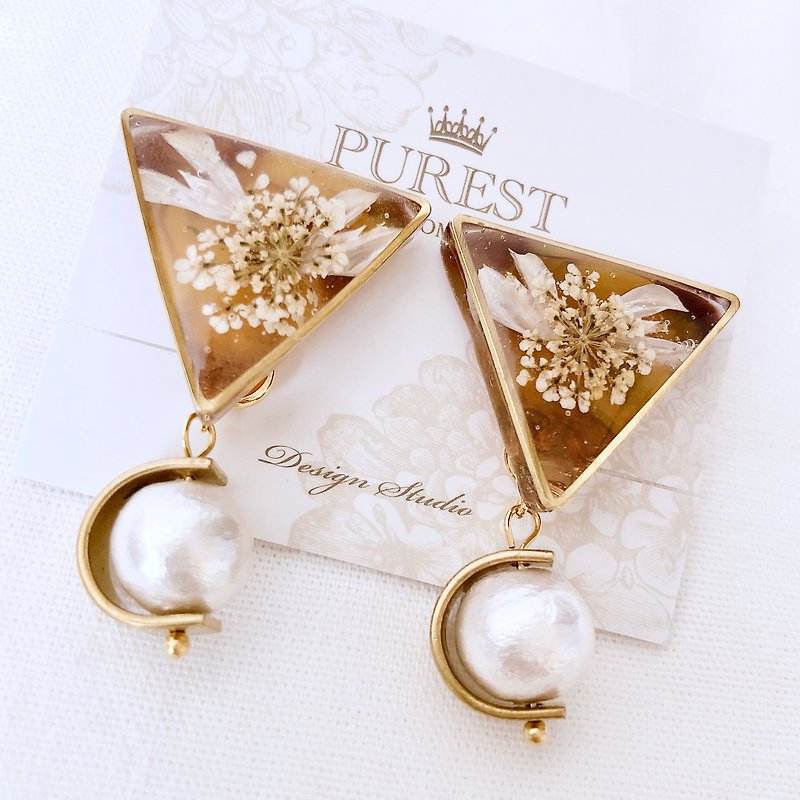 PUREST HOME Dazzling amber cotton pearls without flower (detachable) dangle earrings/with gift box - ต่างหู - วัสดุอื่นๆ 