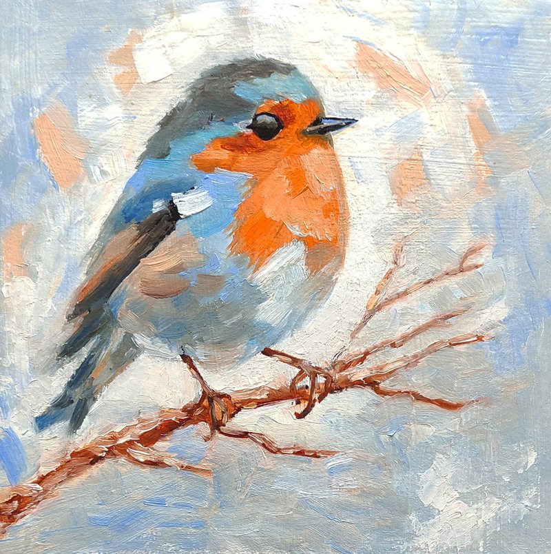 Robin Bird Painting Original Bird Wall Art Animal Artwork Mini Oil Picture, 手工油畫 - โปสเตอร์ - วัสดุอื่นๆ หลากหลายสี